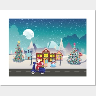 Santa ride scooter in village Posters and Art